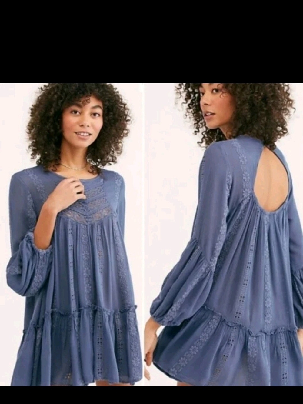 Free People Dusty Blue Lace-Trim Peasant Tunic